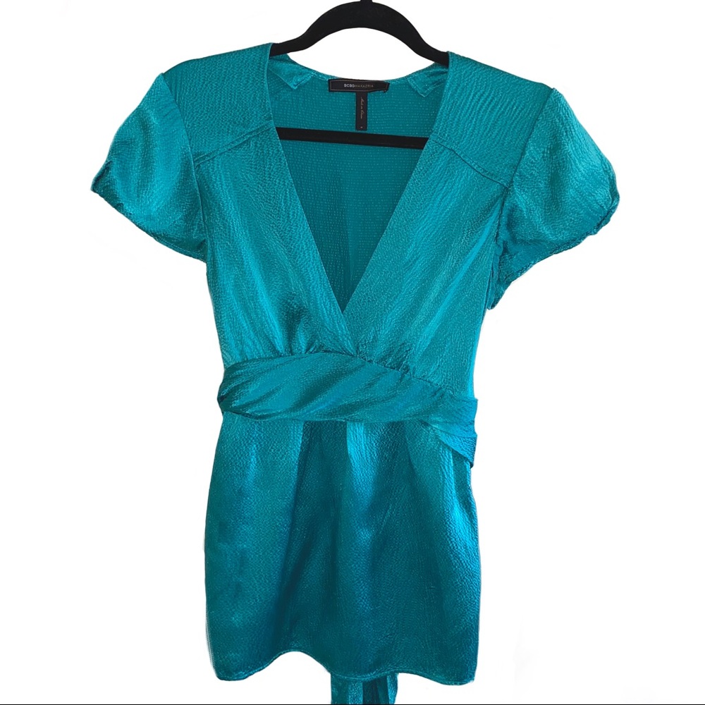 BCBGMAXAZIRA- Teal Silk V-Neck Blouse